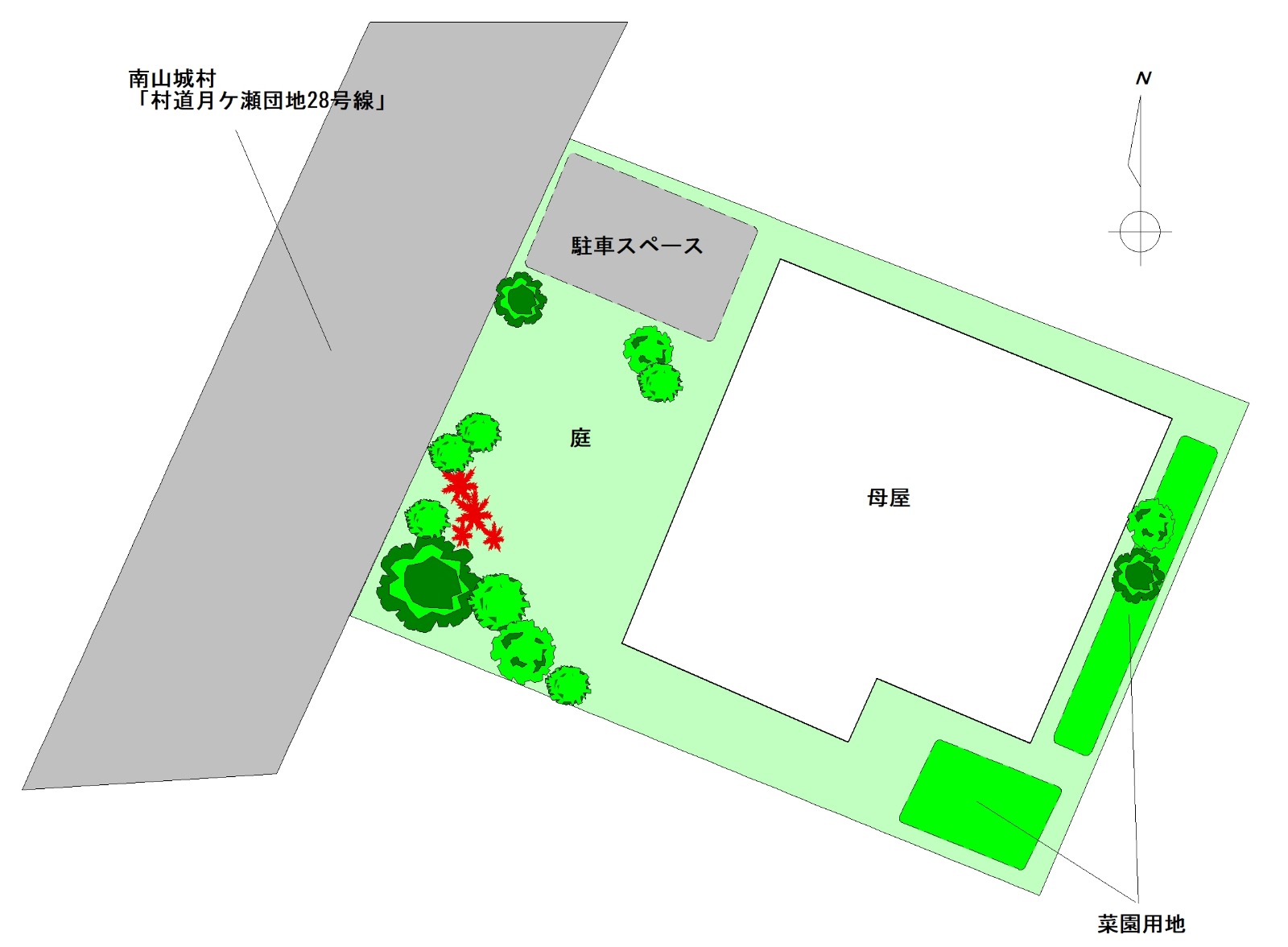 京都府南山城村「木々に囲まれた広いお庭とサンルーム付き戸建」敷地見取り図