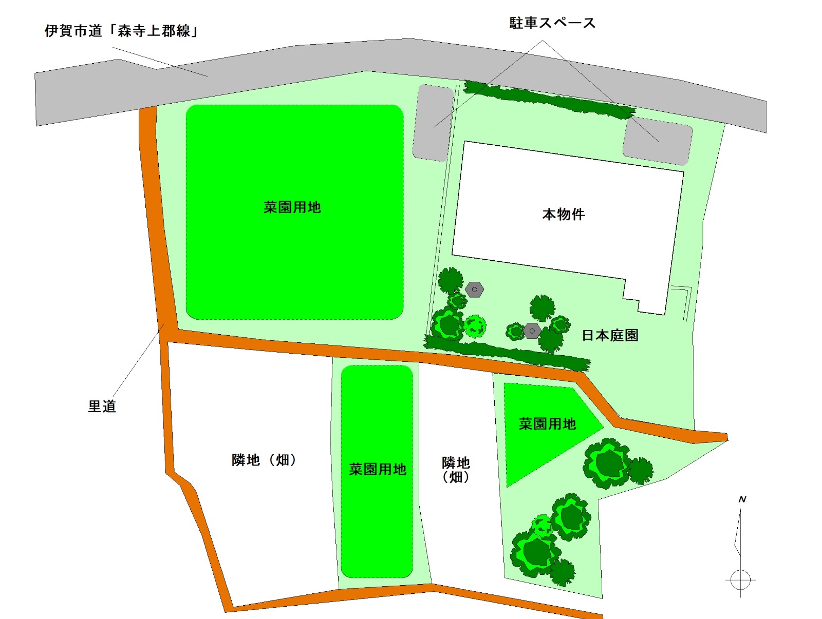 伊賀市上郡「家庭菜園付き敷地394坪のリフォーム済和風戸建」敷地見取り図