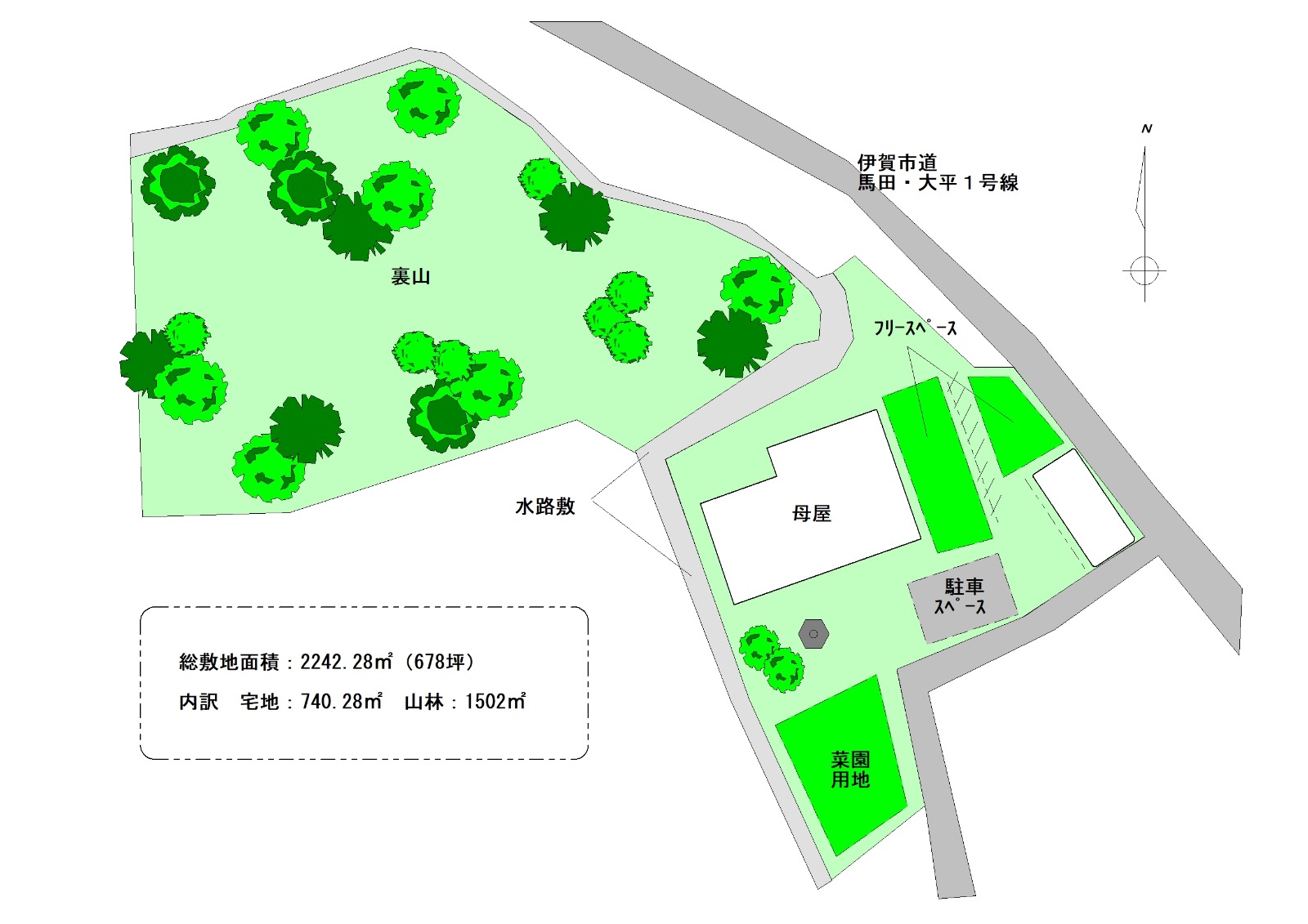 伊賀市馬田「パノラマの風景を望む積水ハウスの裏山付戸建住宅」敷地見取り図