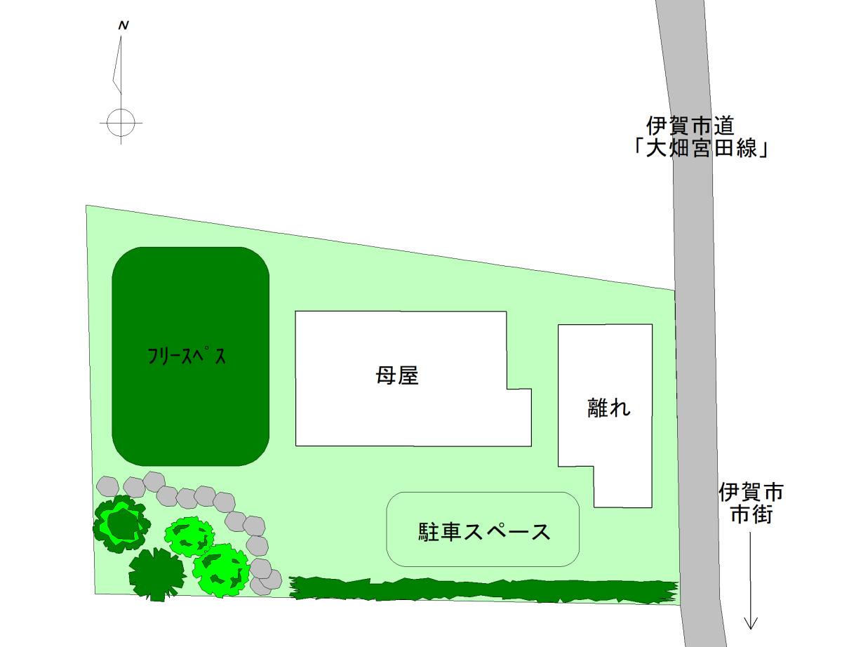 三重県伊賀市土橋「DIYで理想を叶える大型倉庫付き平屋古民家」　敷地見取り図